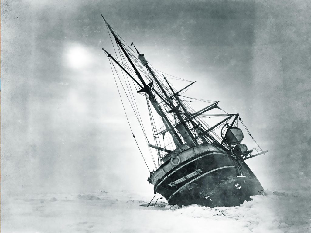 THE ENDURANCE three-masted ship of Shackleton's 1914-1915 Antarctic expedition trapped in pack ice. Photo: Frank Hurley