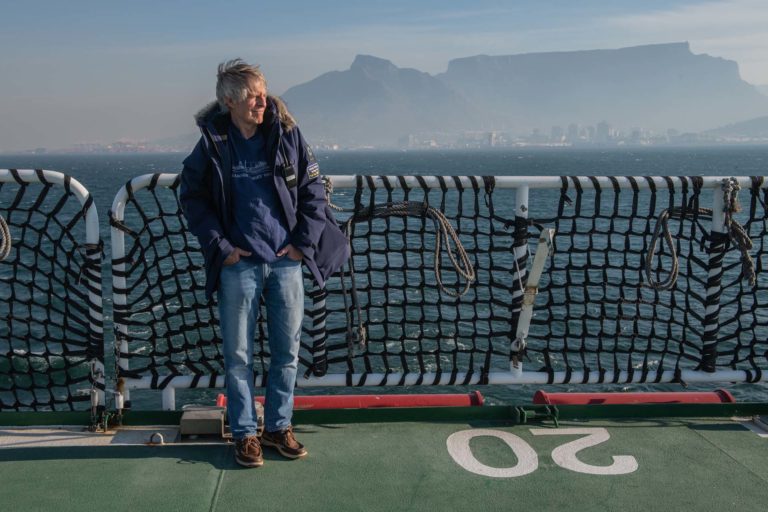 Mensun Bound on deck of S.A. Agulhas II as ship leaves Cape Town - Endurance22