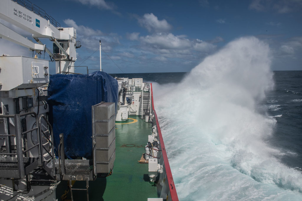 Crossing the Southern Atlantic Ocean with higher waves today on Endurance22 expedition, on board S.A. Agulhas II