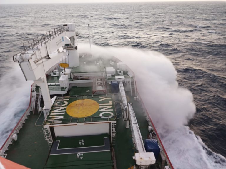 High waves hit the bow of S.A. Agulhas II - Endurance22 expedition