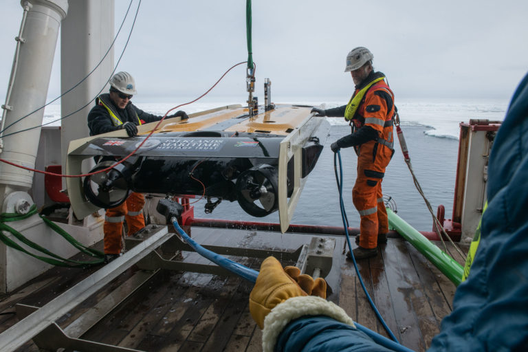 Sub-sea team of Endurance22 expedition and crew of S.A. Agulhas II launch the AUV in search for Sir Ernest Shackleton lost ship, the Endurance