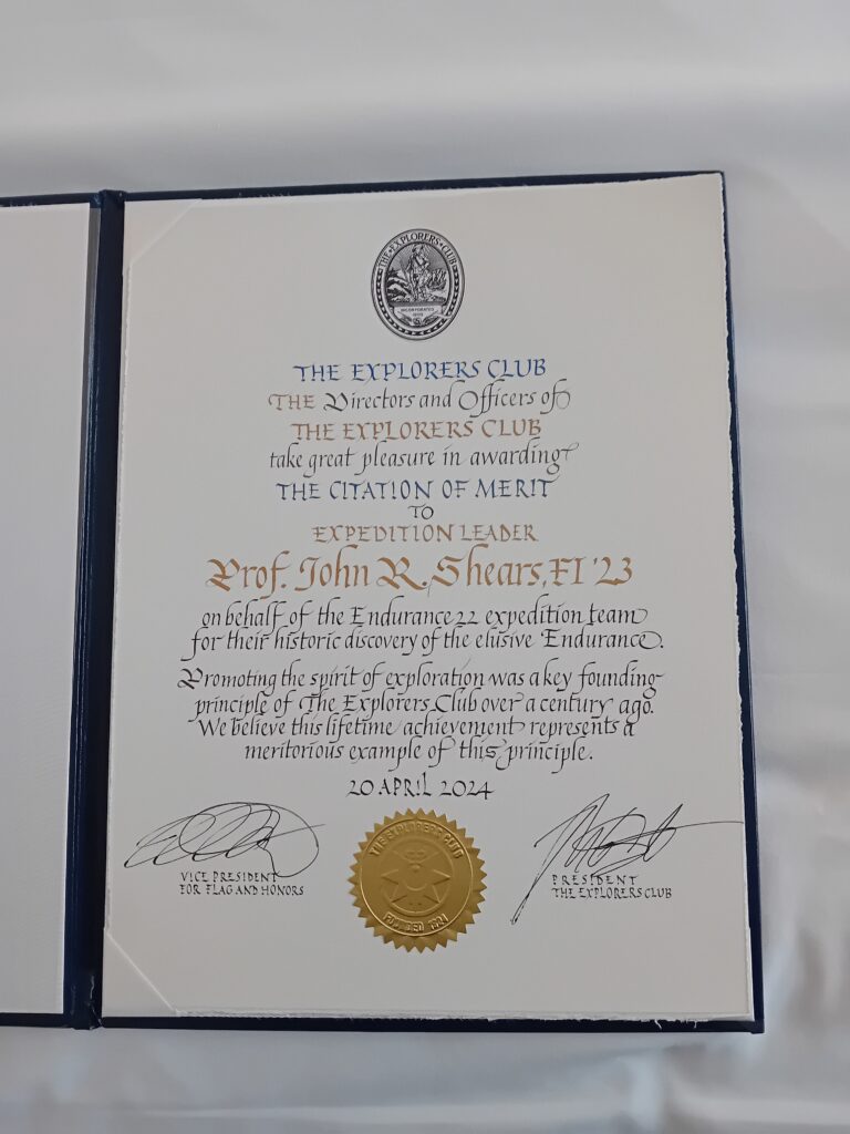 Explorers club Citation of Merit awarded to John Shears 20 April 2024